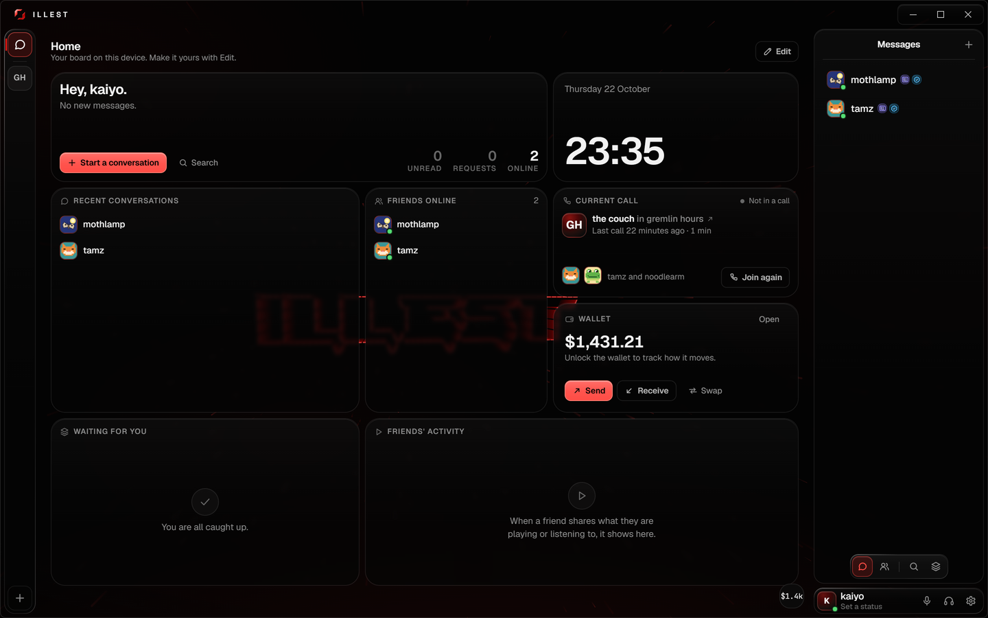 A photograph of the desktop app in its own window frame: the home board, with recent conversations, friends online, the last call and the wallet.
