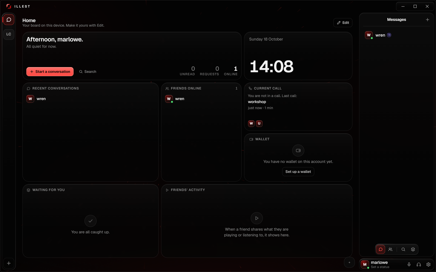 A photograph of the desktop app in its own window frame: the home board, with recent conversations, friends online, the last call and the wallet.