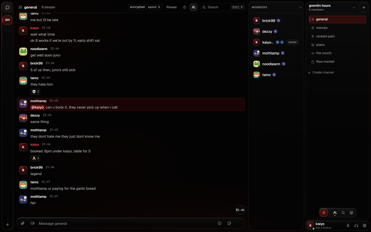 A photograph of ILLEST: the channel general in a server called gremlin hours, with its messages, the members panel, the list of channels and the box to write in.