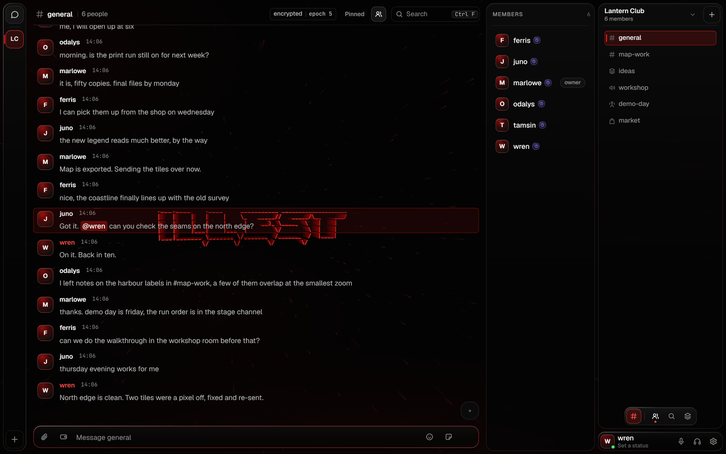 A photograph of ILLEST: the channel general in a server called Lantern Club, with its messages, the members panel, the list of channels and the box to write in.