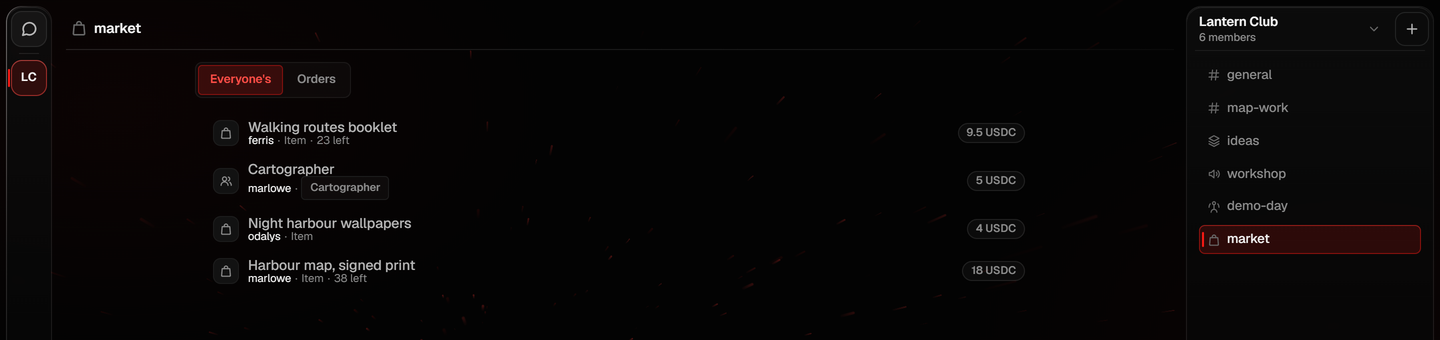 A photograph of a server's shop channel: four listings, items and a role, each with its seller and its price in USDC.