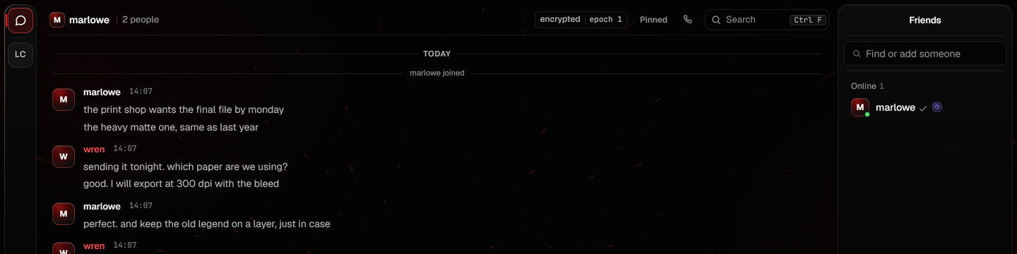 A photograph of a conversation between two people, its header marked encrypted with the group's epoch, and the list of friends beside it.
