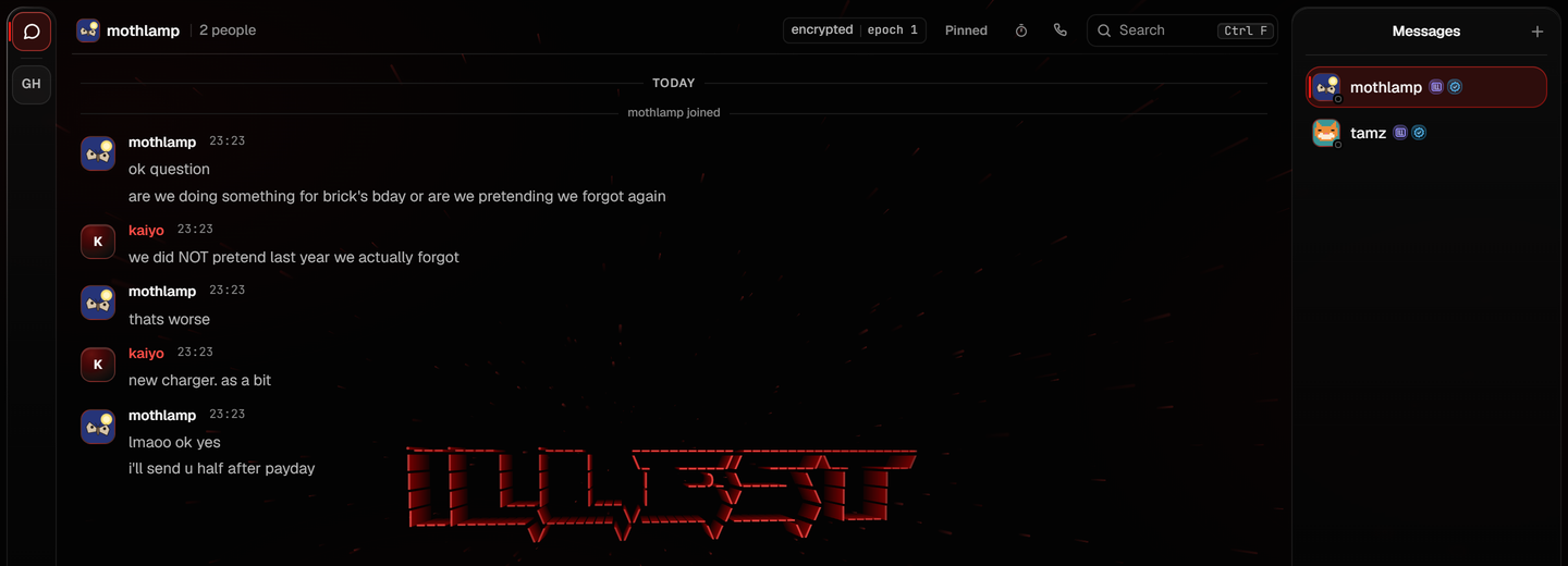 A photograph of a conversation between two friends, its header marked encrypted with the group's epoch, and the list of conversations beside it.