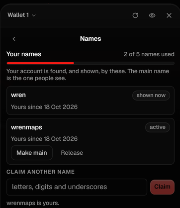 A photograph of the wallet's Names screen: two usernames on one account, the one shown now and another, two of five used with a subscription, and a field to claim another.