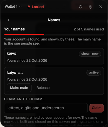 A photograph of the wallet's Names screen: two usernames on one account, the one shown now and another, two of five used with a subscription, and a field to claim another.