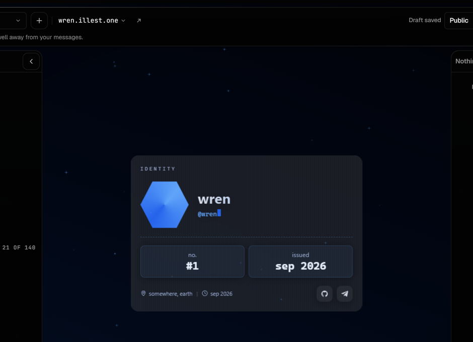 A photograph of the page editor: the page's address, Publish, the outline of the page's blocks, and the Hologram template's card in the preview.