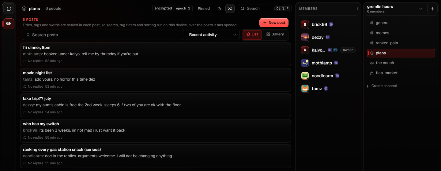 A photograph of a forum channel in a server: its posts, each with who wrote it and how many replies it has, the members panel, and the list of channels.