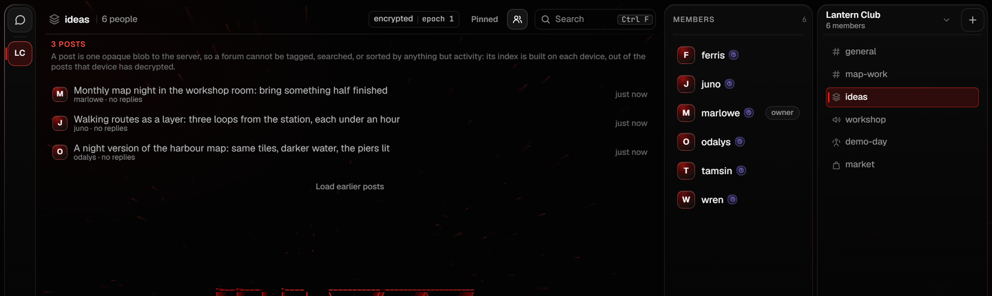 A photograph of a forum channel in a server: its posts, each with who wrote it and its replies, the members panel grouped by role, and the list of channels.