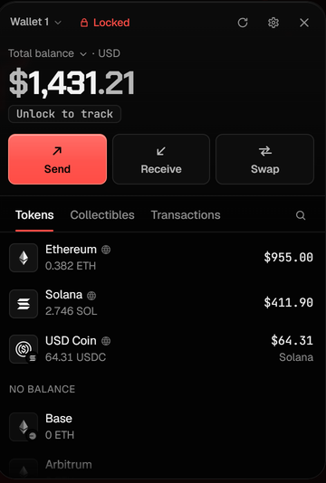 A photograph of the wallet card: the balance, Send, Receive and Swap, and the coins held: ether on Ethereum, and SOL and USDC on Solana.