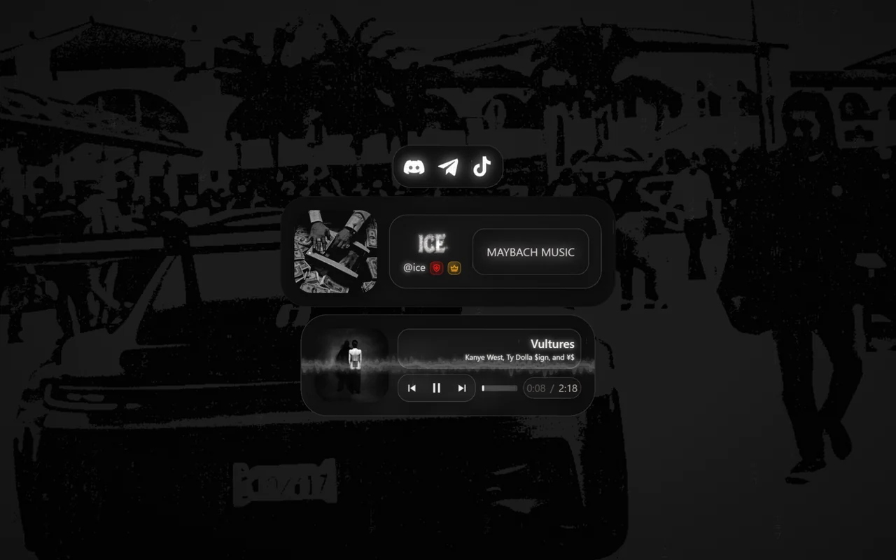 A photograph of ice.illest.one, a page its owner made on ILLEST, as a desktop shows it: the links, a card with the page's name and a music player, over a photograph of a pool at night.